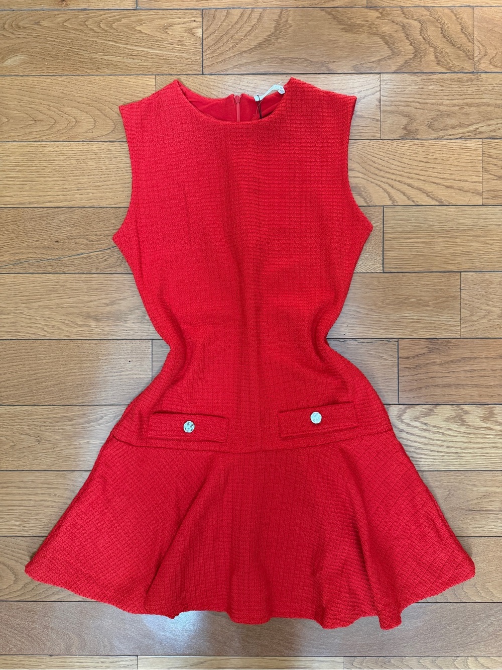 Zara Red Textured Sleeveless Crew Dress